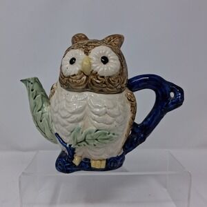 Owl Teapot Vintage Whimsical Bird Figural Hand Painted Brown Blue 7in